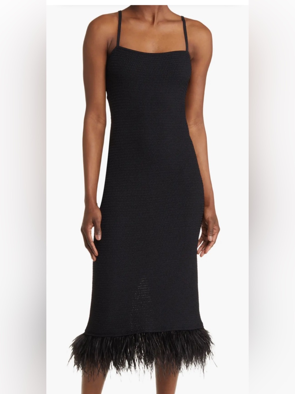 Frame Black Crotchet Knit Midi Dress with Feather Hem